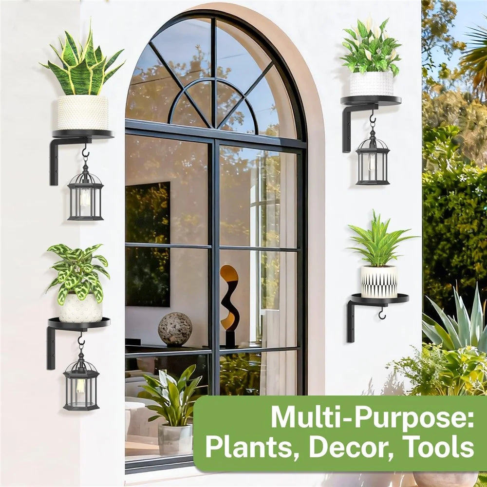 4Pcs Wall-Mounted Plant Stand Metal Hooks Indoor Outdoor Garden Decor Hanging Bracket with Anti-Fall Rim (Without Flowerpot) - Black - 4