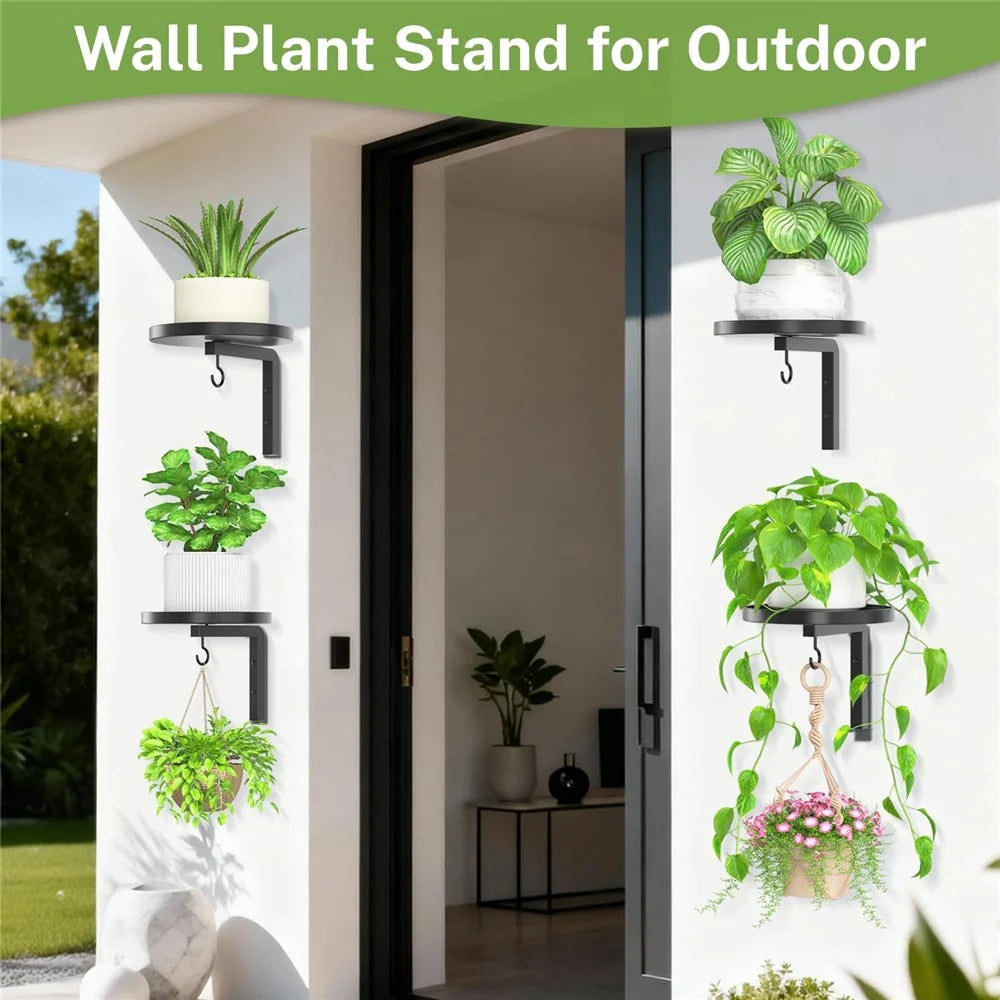 4Pcs Wall-Mounted Plant Stand Metal Hooks Indoor Outdoor Garden Decor Hanging Bracket with Anti-Fall Rim (Without Flowerpot) - Black - 5