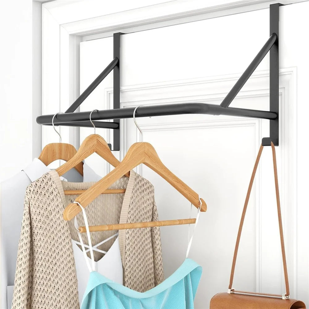Over The Door Clothes Hanging Rod Metal Organizer with Dual Hooks No Drill Clothes Storage Rack for Bedroom - Black - 1