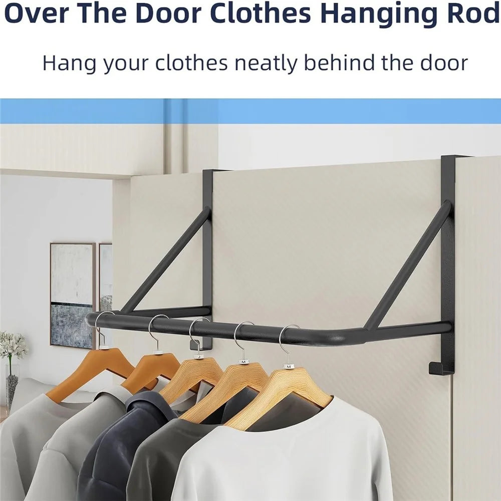 Over The Door Clothes Hanging Rod Metal Organizer with Dual Hooks No Drill Clothes Storage Rack for Bedroom - Black - 2