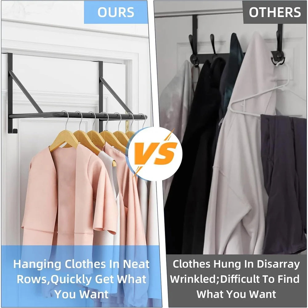 Over The Door Clothes Hanging Rod Metal Organizer with Dual Hooks No Drill Clothes Storage Rack for Bedroom - Black - 3