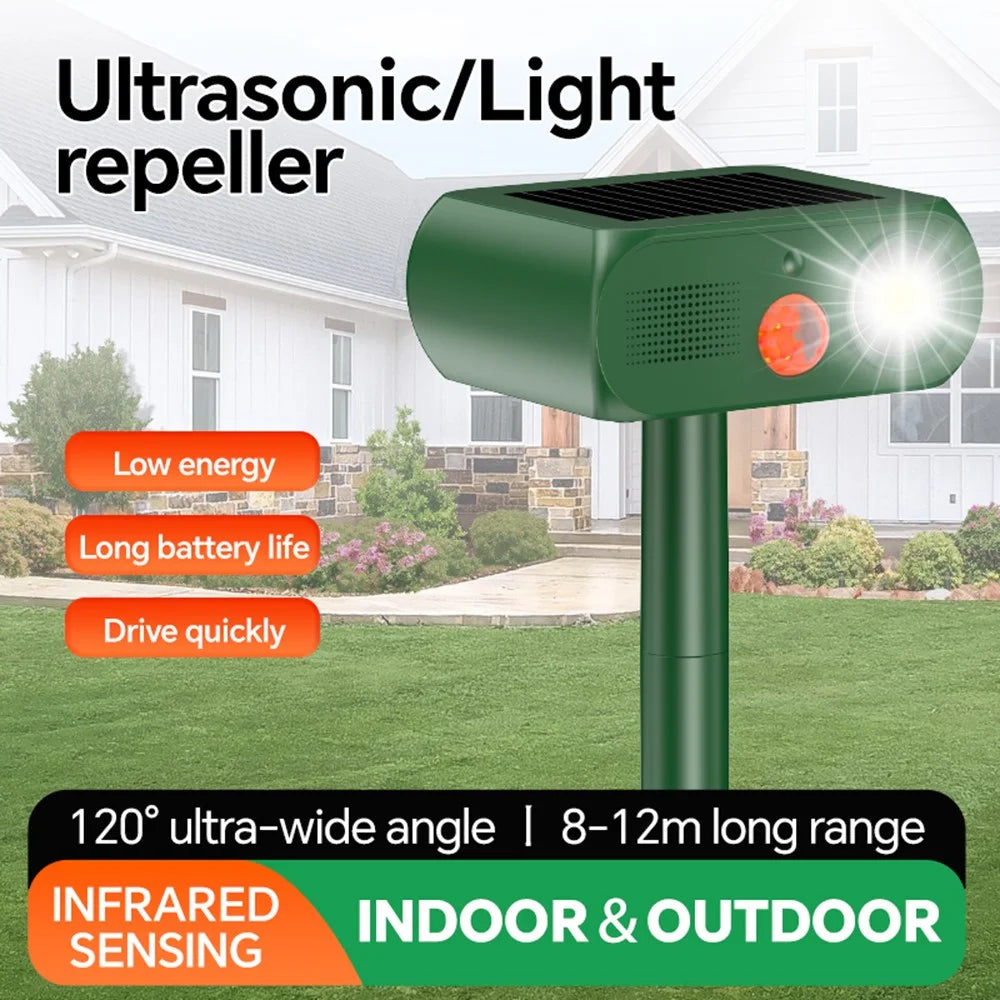Solar Ultrasonic Animal Repeller 4 Modes Infrared Motion Sensor LED Strobe IP65 Waterproof Repellent Device for Garden Outdoor - Army Green - 2