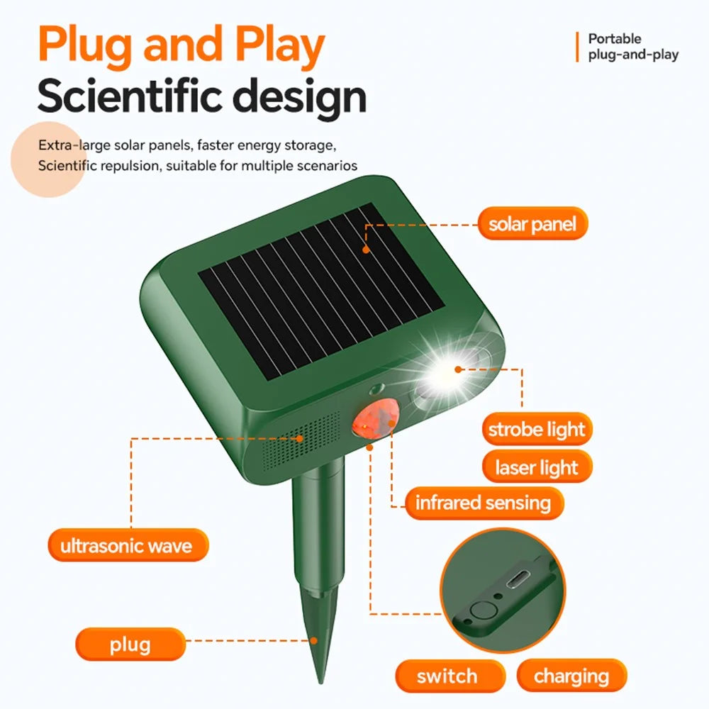 Solar Ultrasonic Animal Repeller 4 Modes Infrared Motion Sensor LED Strobe IP65 Waterproof Repellent Device for Garden Outdoor - Army Green - 4