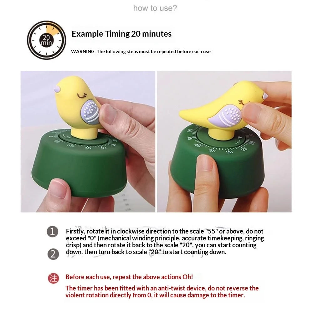 Bird-Shaped Mechanical Timer 60min Kitchen Desktop Timer Countdown Clock for Study Cooking - D Type  /  Blue Bird - 4