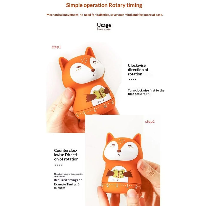 Cute Cartoon Animal-Shaped Mechanical Timer 60 Minutes Desktop Study Time Management Countdown Timer for Learning Kitchen - Red A  /  Fox - 4