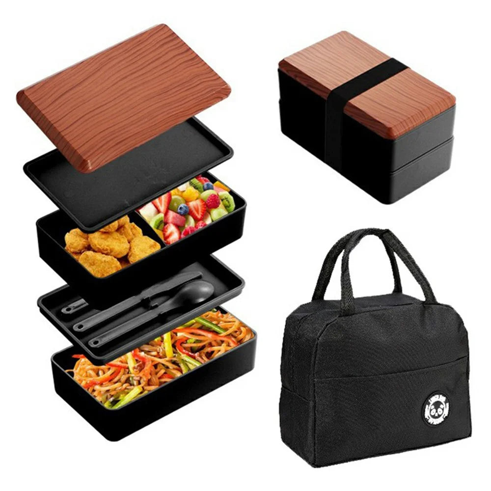 Double Layer Lunch Bento Box Portable Large Capacity Meal Prep Set with Bamboo Lid & Insulated Bag (BPA Free, No FDA) - Black - 1