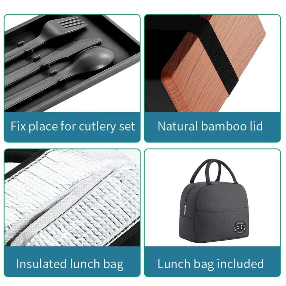 Double Layer Lunch Bento Box Portable Large Capacity Meal Prep Set with Bamboo Lid & Insulated Bag (BPA Free, No FDA) - Black - 6