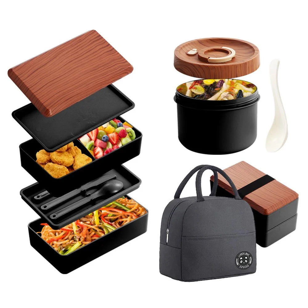 Double Layer Bento Lunch Box with Soup Container Large Capacity Meal Prep Set with Insulated Bag (BPA Free, No FDA) - Black - 1