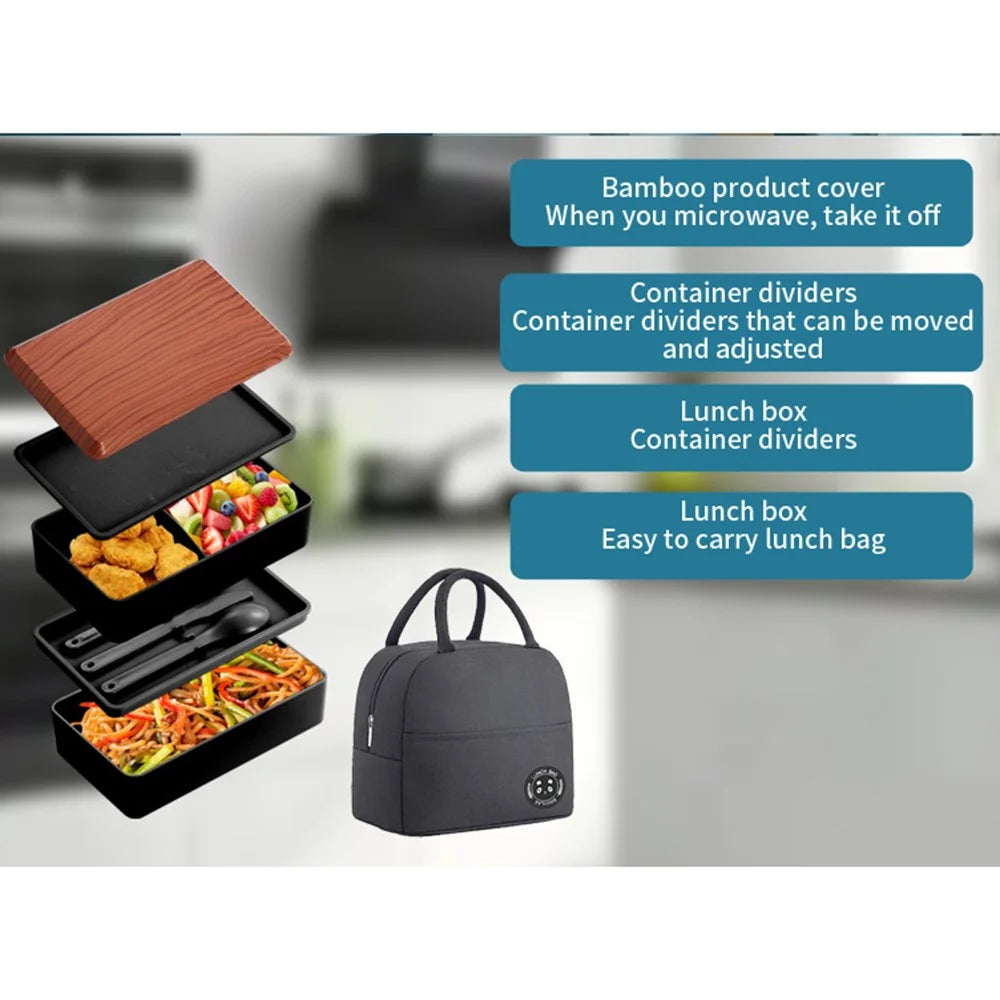 Double Layer Bento Lunch Box with Soup Container Large Capacity Meal Prep Set with Insulated Bag (BPA Free, No FDA) - Black - 4