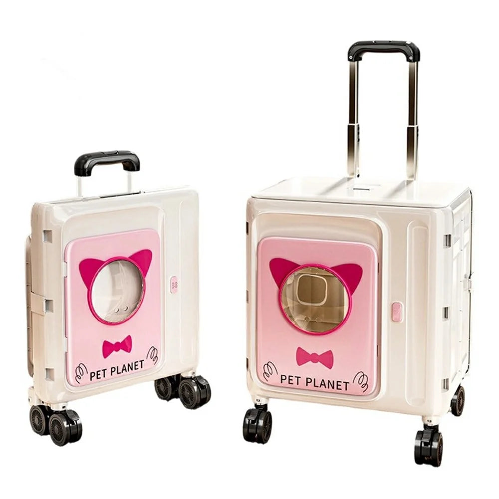 Pet Trolley Suitcase Foldable Portable 4-Wheels Transparent Breathable Cat Dog Carrier for Travel Outdoor - White  /  Pink - 1