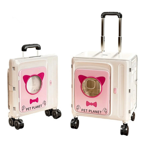 Pet Trolley Suitcase Foldable Portable 4-Wheels Transparent Breathable Cat Dog Carrier for Travel Outdoor - White  /  Pink - 1