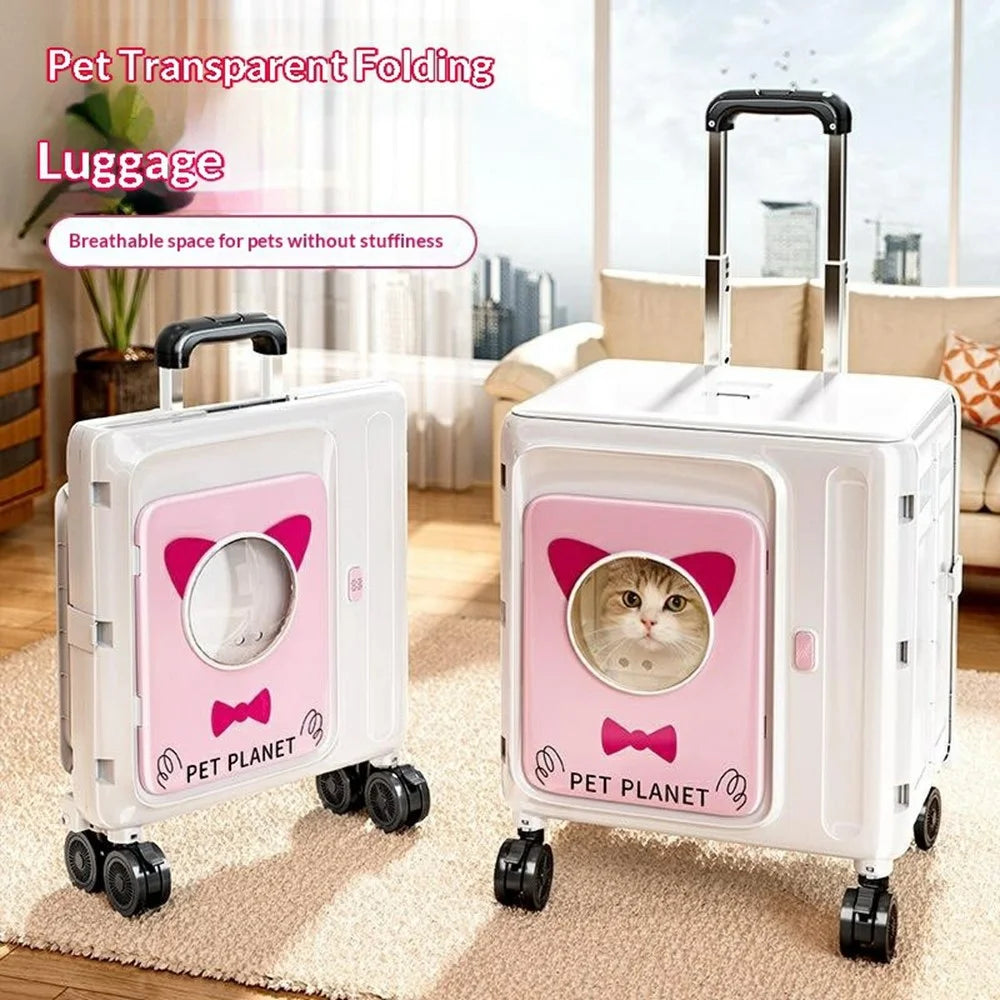 Pet Trolley Suitcase Foldable Portable 4-Wheels Transparent Breathable Cat Dog Carrier for Travel Outdoor - White  /  Pink - 2