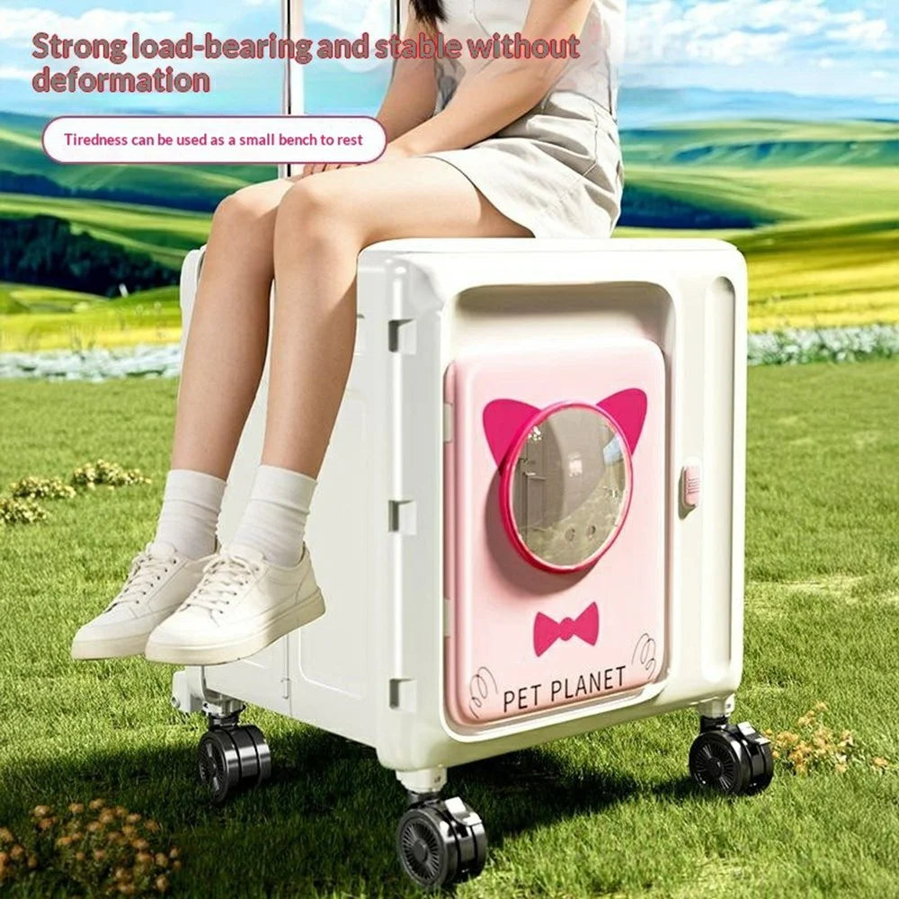 Pet Trolley Suitcase Foldable Portable 4-Wheels Transparent Breathable Cat Dog Carrier for Travel Outdoor - White  /  Pink - 3