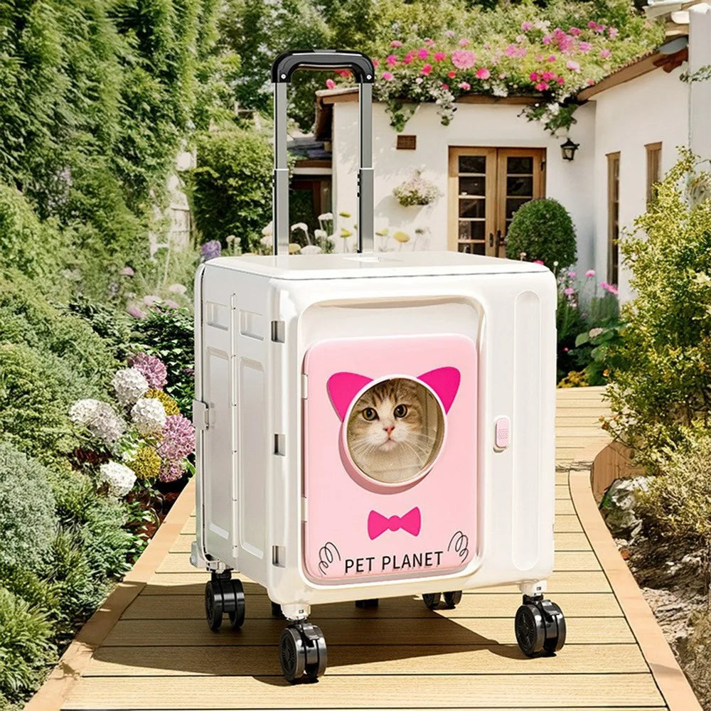 Pet Trolley Suitcase Foldable Portable 4-Wheels Transparent Breathable Cat Dog Carrier for Travel Outdoor - White  /  Pink - 5