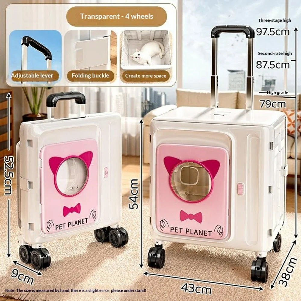 Pet Trolley Suitcase Foldable Portable 4-Wheels Transparent Breathable Cat Dog Carrier for Travel Outdoor - White  /  Pink - 6
