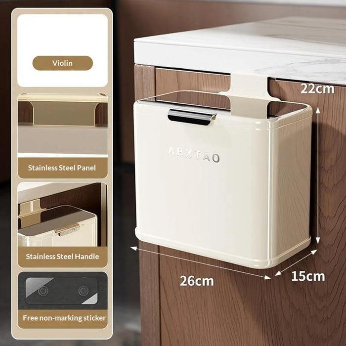 Small Size 26x15x22cm Wall Mounted Trash Can with Lid Stainless Steel Kitchen Bathroom Garbage Bin - Cream White - 1