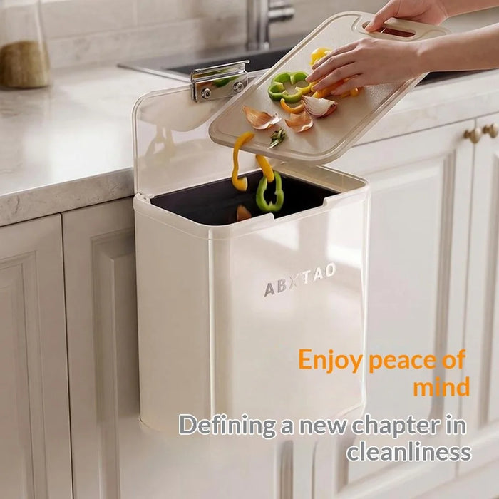 Small Size 26x15x22cm Wall Mounted Trash Can with Lid Stainless Steel Kitchen Bathroom Garbage Bin - Cream White - 2