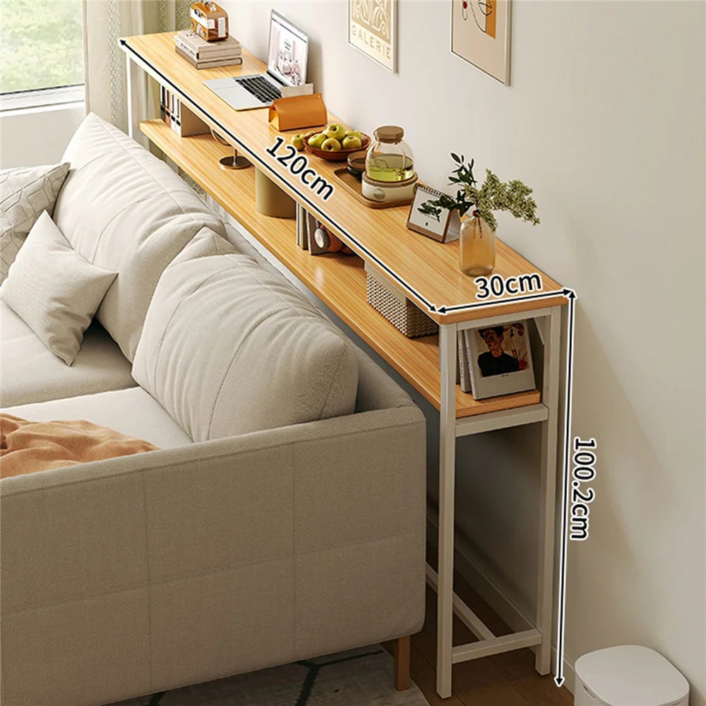 2-Tier 120x30x100.2cm Console Table Narrow Behind Sofa Storage Shelf for Living Room Bedroom - Oak + White Frame - 1