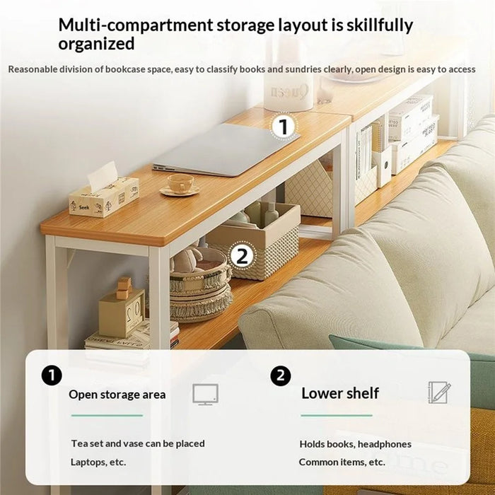 2-Tier 120x30x100.2cm Console Table Narrow Behind Sofa Storage Shelf for Living Room Bedroom - Oak + White Frame - 3