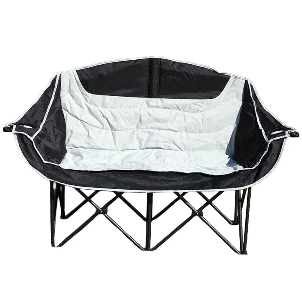 2-Person Folding Camping Chair Outdoor Loveseat Double Portable Beach Lawn Chair with Armrest Cup Holder - Black  /  Grey - 1