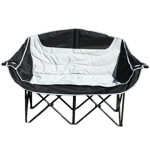 2-Person Folding Camping Chair Outdoor Loveseat Double Portable Beach Lawn Chair with Armrest Cup Holder - Black  /  Grey - 1