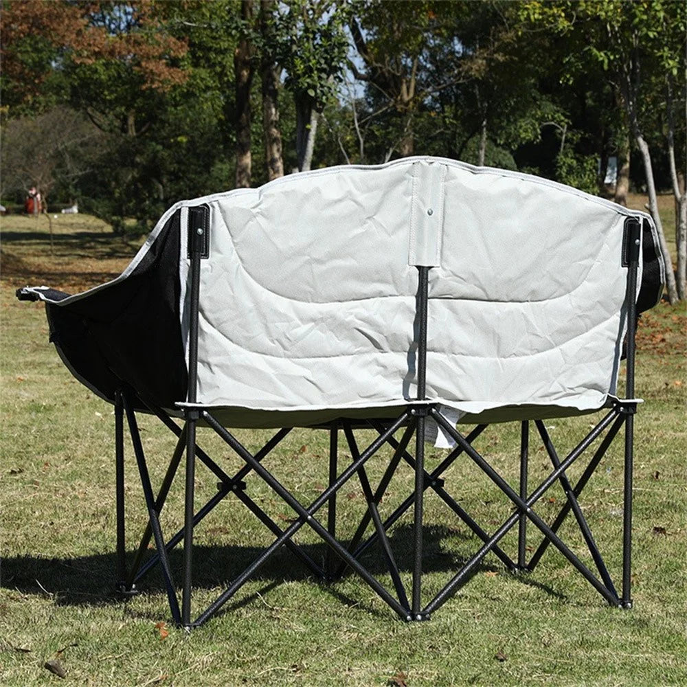 2-Person Folding Camping Chair Outdoor Loveseat Double Portable Beach Lawn Chair with Armrest Cup Holder - Black  /  Grey - 2
