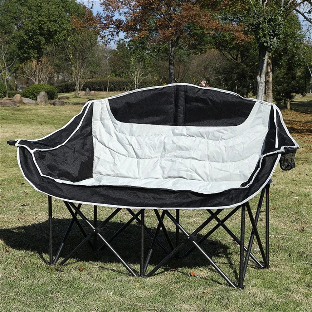 2-Person Folding Camping Chair Outdoor Loveseat Double Portable Beach Lawn Chair with Armrest Cup Holder - Black  /  Grey - 3
