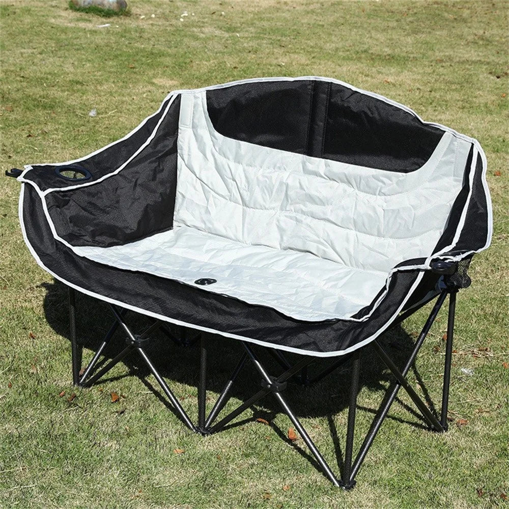 2-Person Folding Camping Chair Outdoor Loveseat Double Portable Beach Lawn Chair with Armrest Cup Holder - Black  /  Grey - 4