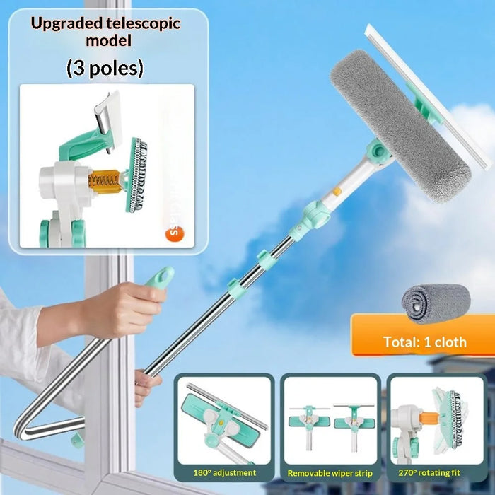 Squeegee High-Rise Window Cleaning Tool with 3Pcs Replacement Cloths 3-Section Telescopic Pole 270 Degree Rotating Head U-Shape Glass Cleaner - 3