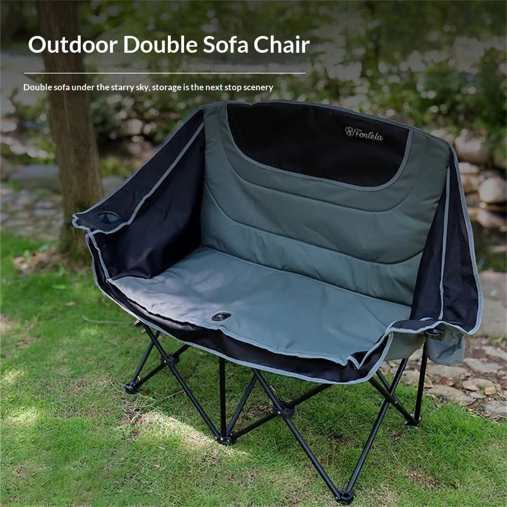 2-Person Outdoor Folding Chair Portable Double Sofa Chair Cotton Padded Camping Chair with Dual Cup Holders - 2