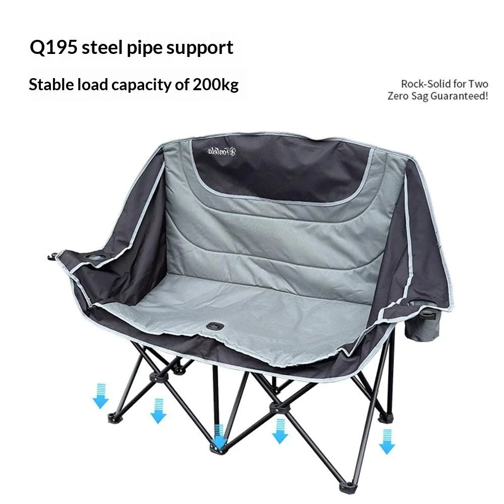 2-Person Outdoor Folding Chair Portable Double Sofa Chair Cotton Padded Camping Chair with Dual Cup Holders - 3