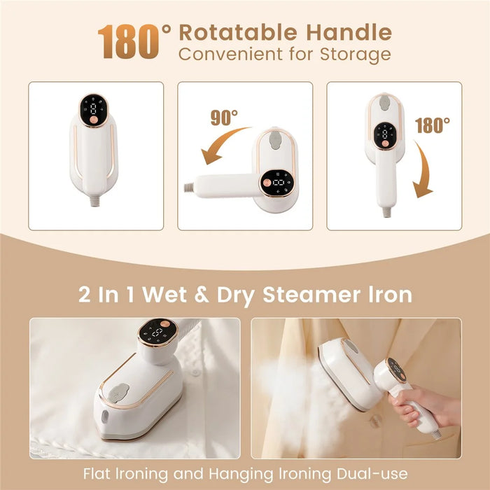 Mini Garment Steamer 2-in-1 Portable Handheld 1200W 180 Degree Rotating Handle Flat Hanging Ironing Machine Steam Iron - White - 4