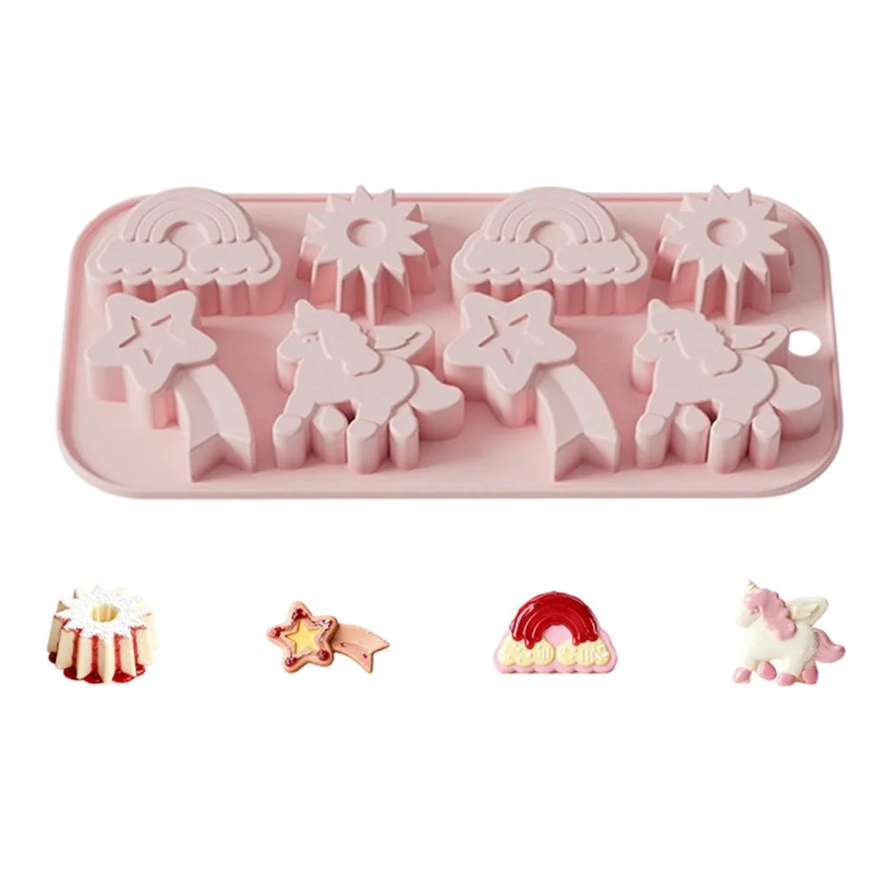 JSC4617 8-Grid Rainbow Unicorn Sun Star Food Grade Silicone Chocolate Baking Mold Non-Stick Easy Release Cake Making Mold (BPA-Free, No FDA Certified) - Pink - 1