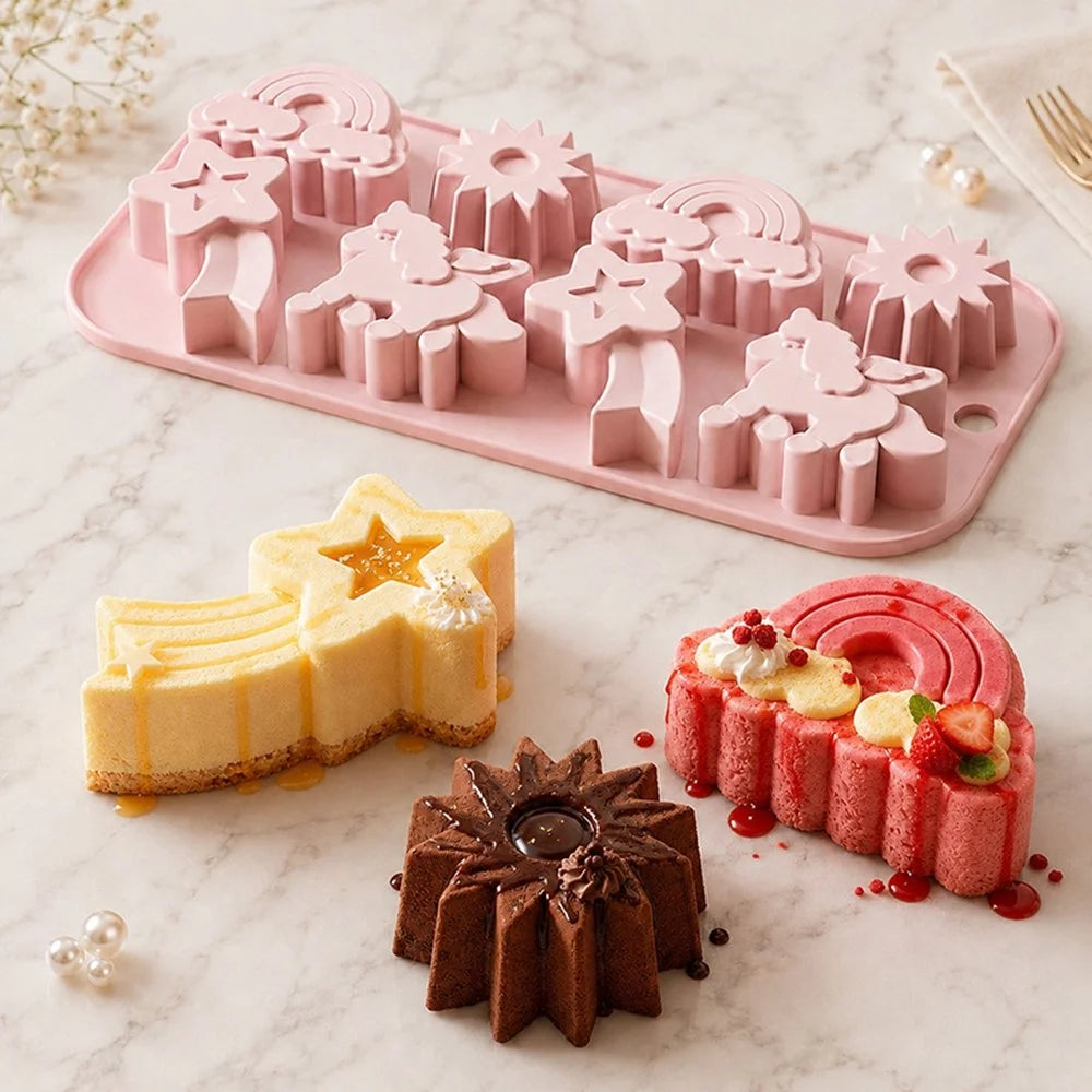 JSC4617 8-Grid Rainbow Unicorn Sun Star Food Grade Silicone Chocolate Baking Mold Non-Stick Easy Release Cake Making Mold (BPA-Free, No FDA Certified) - Pink - 7