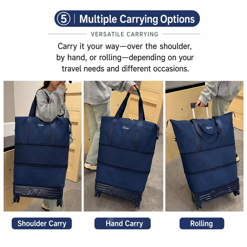 Multi-Layer Expandable Rolling Travel Bag 4 Detachable Wheels Foldable Water-Resistant Luggage Bag for Short Trip - Dark Blue - 2