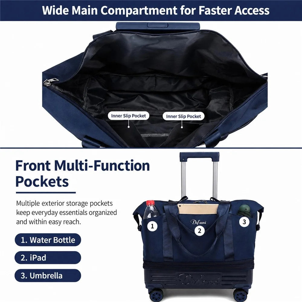 Multi-Layer Expandable Rolling Travel Bag 4 Detachable Wheels Foldable Water-Resistant Luggage Bag for Short Trip - Dark Blue - 7