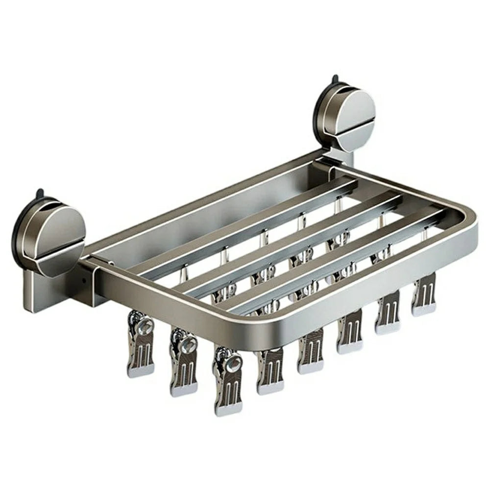 Foldable Suction Cup Sock Drying Rack with 18Pcs Clips Aerospace Aluminum Collapsible Wall Mount Clothes Hanger - Gunmetal Grey - 1