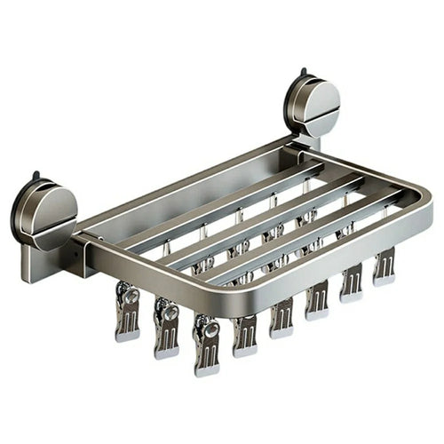 Foldable Suction Cup Sock Drying Rack with 18Pcs Clips Aerospace Aluminum Collapsible Wall Mount Clothes Hanger - Gunmetal Grey - 1