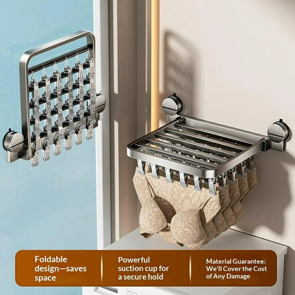 Foldable Suction Cup Sock Drying Rack with 18Pcs Clips Aerospace Aluminum Collapsible Wall Mount Clothes Hanger - Gunmetal Grey - 2