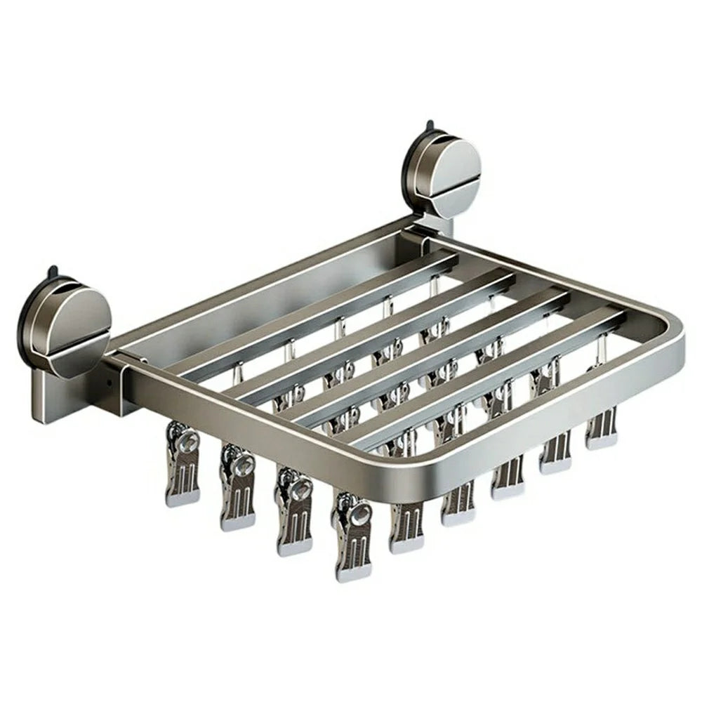 Foldable Suction Cup Sock Drying Rack with 24Pcs Clips Aerospace Aluminum Collapsible Wall Mount Clothes Hanger - Gunmetal Grey - 1