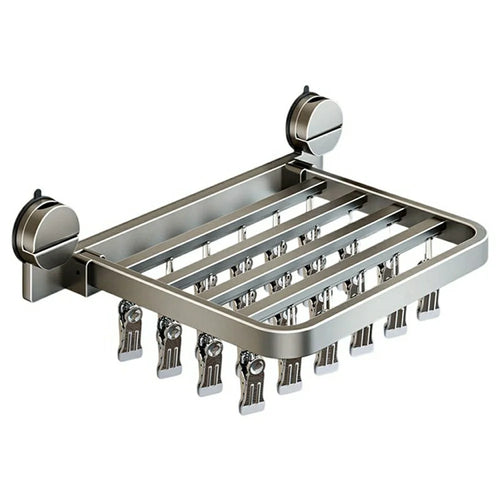 Foldable Suction Cup Sock Drying Rack with 24Pcs Clips Aerospace Aluminum Collapsible Wall Mount Clothes Hanger - Gunmetal Grey - 1