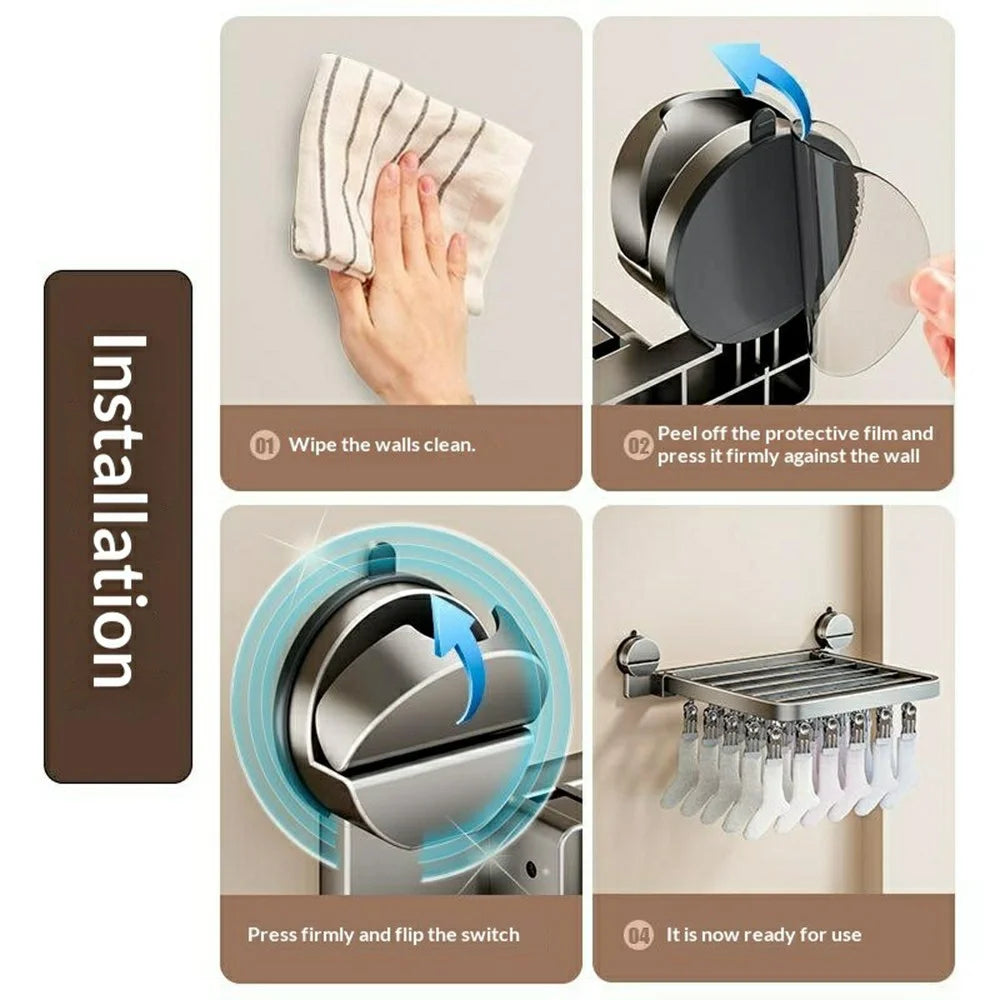 Foldable Suction Cup Sock Drying Rack with 24Pcs Clips Aerospace Aluminum Collapsible Wall Mount Clothes Hanger - Gunmetal Grey - 3
