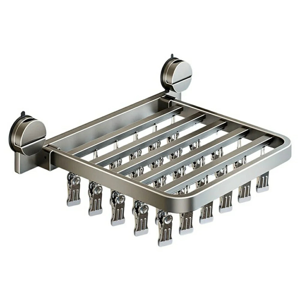 Foldable Suction Cup Sock Drying Rack with 30Pcs Clips Aerospace Aluminum Collapsible Wall Mount Clothes Hanger - Gunmetal Grey - 1