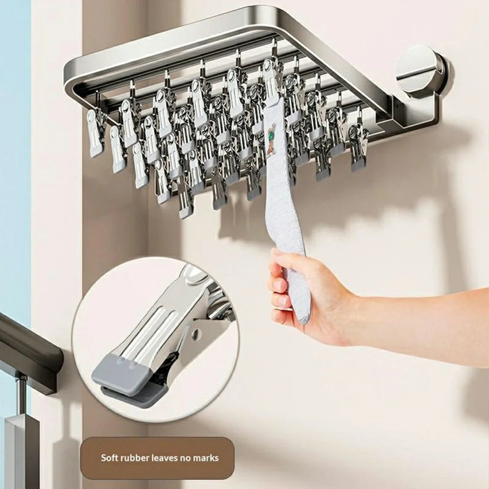 Foldable Suction Cup Sock Drying Rack with 30Pcs Clips Aerospace Aluminum Collapsible Wall Mount Clothes Hanger - Gunmetal Grey - 4