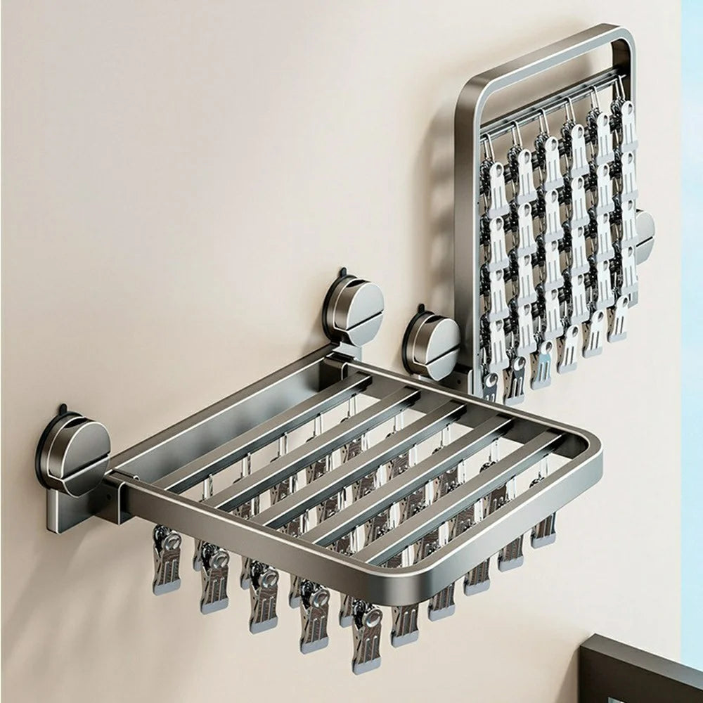 Foldable Suction Cup Sock Drying Rack with 30Pcs Clips Aerospace Aluminum Collapsible Wall Mount Clothes Hanger - Gunmetal Grey - 6