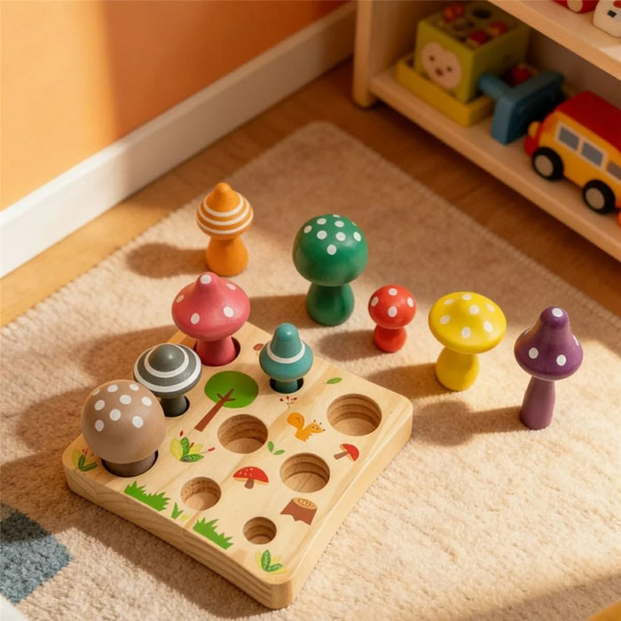 Wooden Mushroom Matching Educational Toy 9Pcs Colorful Mushrooms Early Learning Fine Motor Skills Training Tools for Kids - 4