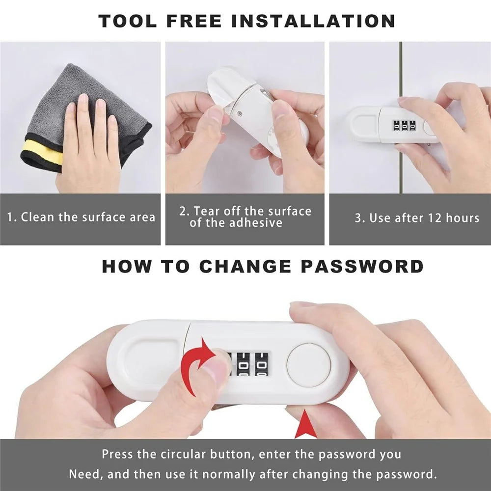 Keyless Combination Cabinet Lock 3-Digit Password Child Pet Proof Drawer Fridge Safety Lock - Black - 6