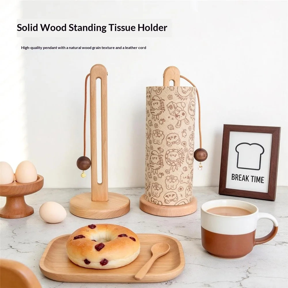 12.5x29cm Beech Wood Paper Towel Holder Desktop U-Shape Kitchen Roll Holder Stand Cling Film Storage Rack - Rabbit Pendant - 3