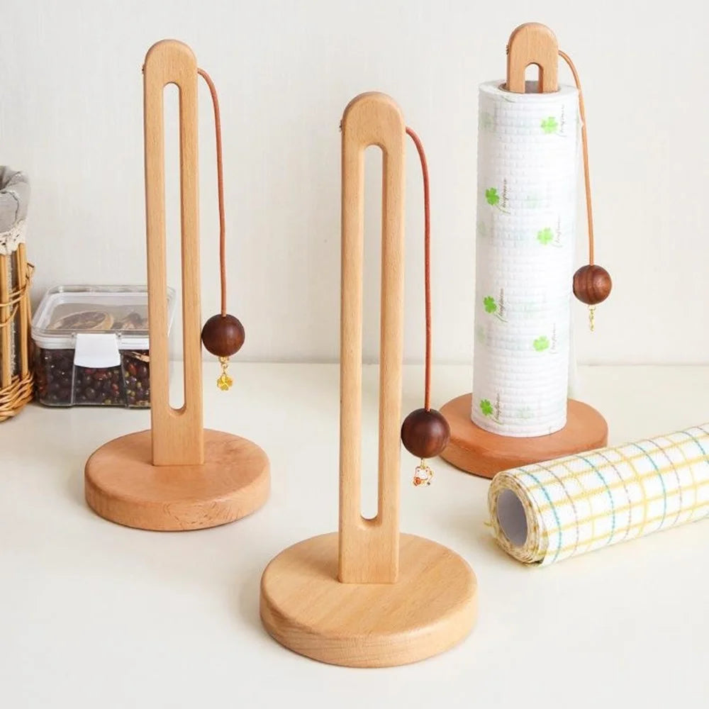 12.5x29cm Beech Wood Paper Towel Holder Desktop U-Shape Kitchen Roll Holder Stand Cling Film Storage Rack - Rabbit Pendant - 5