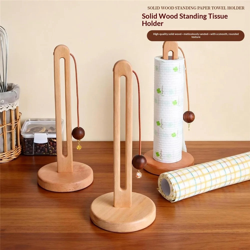 12.5x29cm Beech Wood Paper Towel Holder Desktop U-Shape Kitchen Roll Holder Stand Cling Film Storage Rack - Rabbit Pendant - 6